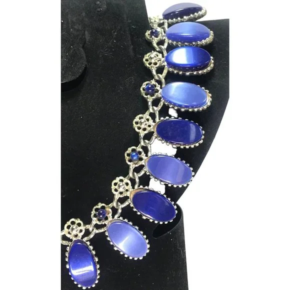 1950s Silver Tone Blue Moon Glow Thermoset Statement Choker Necklace MCM - Picture 3 of 4
